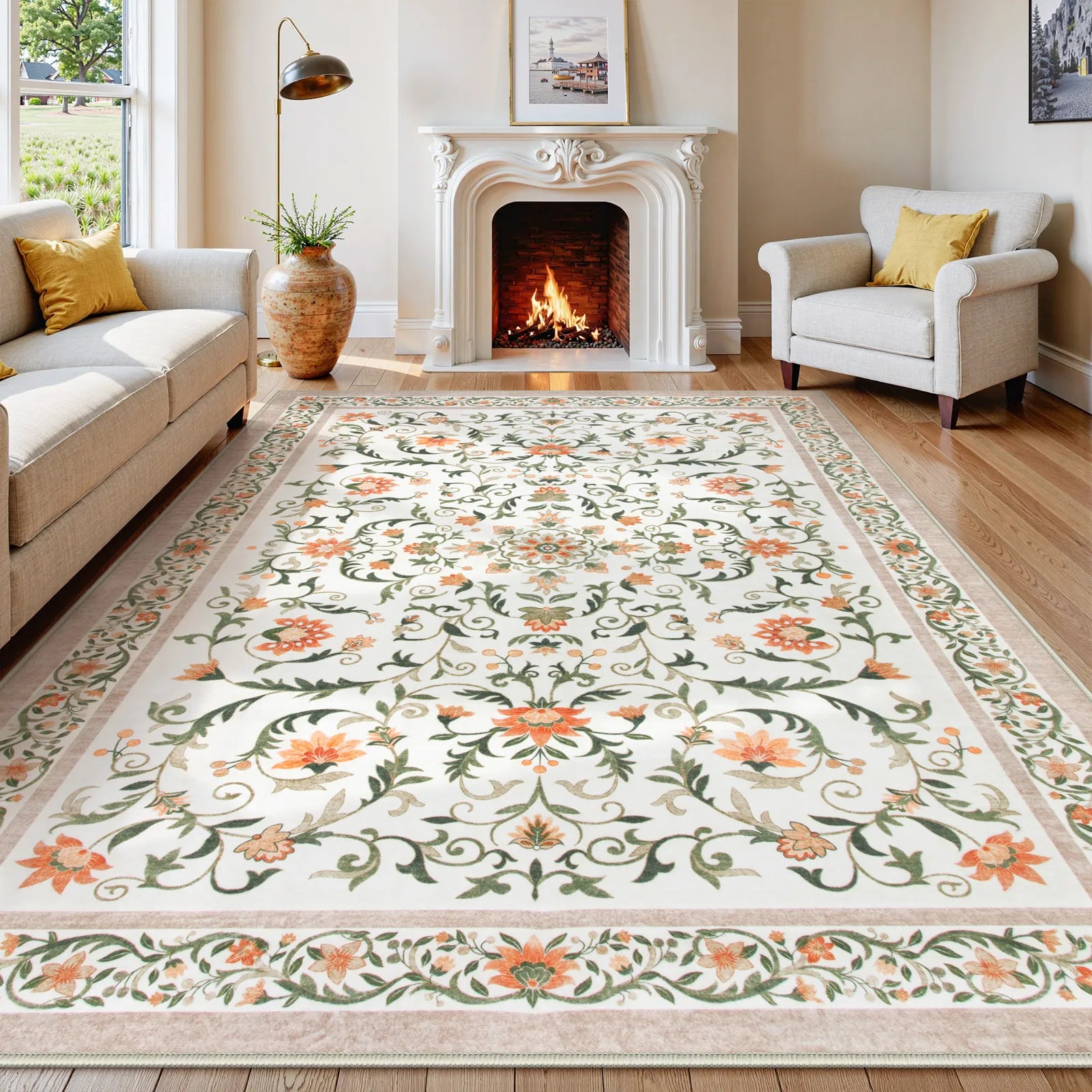 Lorevie Washable Boho vintage Garden Floral Beige Rug Rugs Lahome 8' x 10'