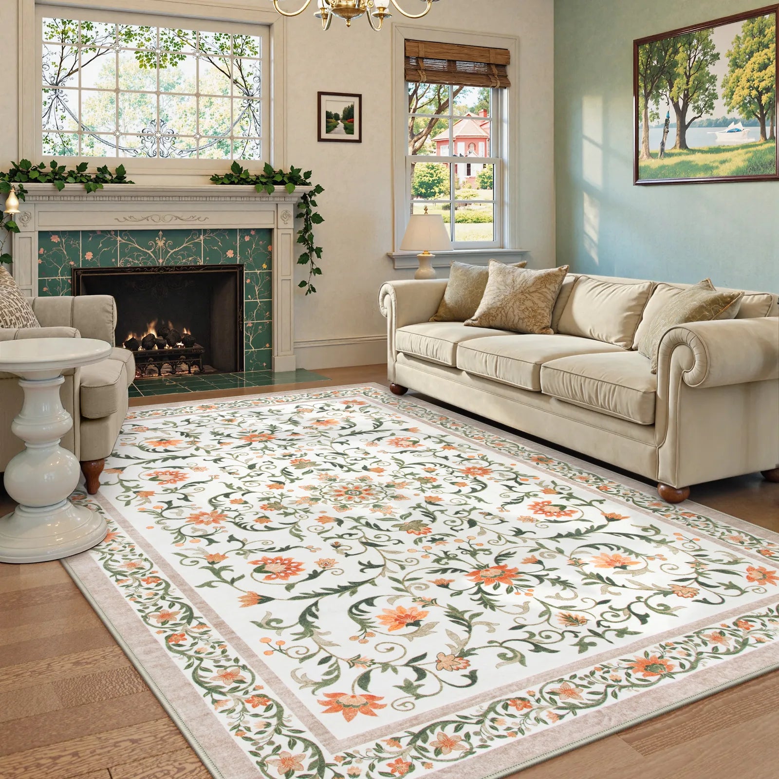 Lorevie Washable Boho vintage Garden Floral Beige Rug Rugs Lahome
