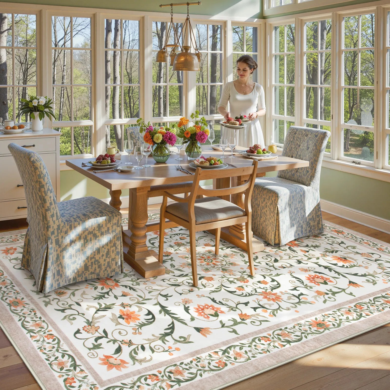 Lorevie Washable Boho vintage Garden Floral Beige Rug Rugs Lahome