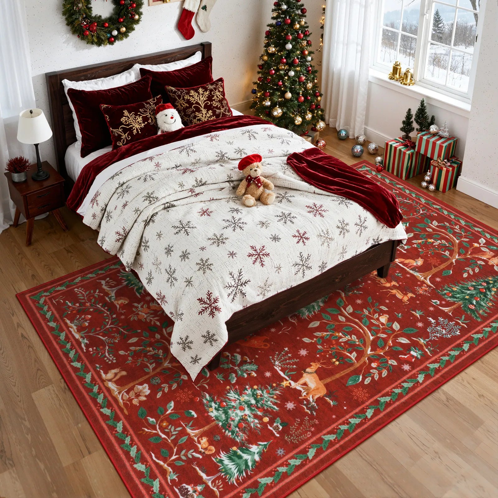 Lumiere Christmas Washable Classic Deer Woodland Red Rug Area Rugs Lahome