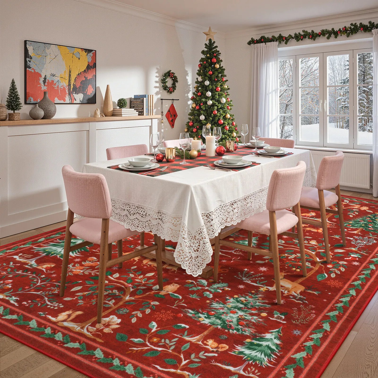 Lumiere Christmas Washable Classic Deer Woodland Red Rug Area Rugs Lahome