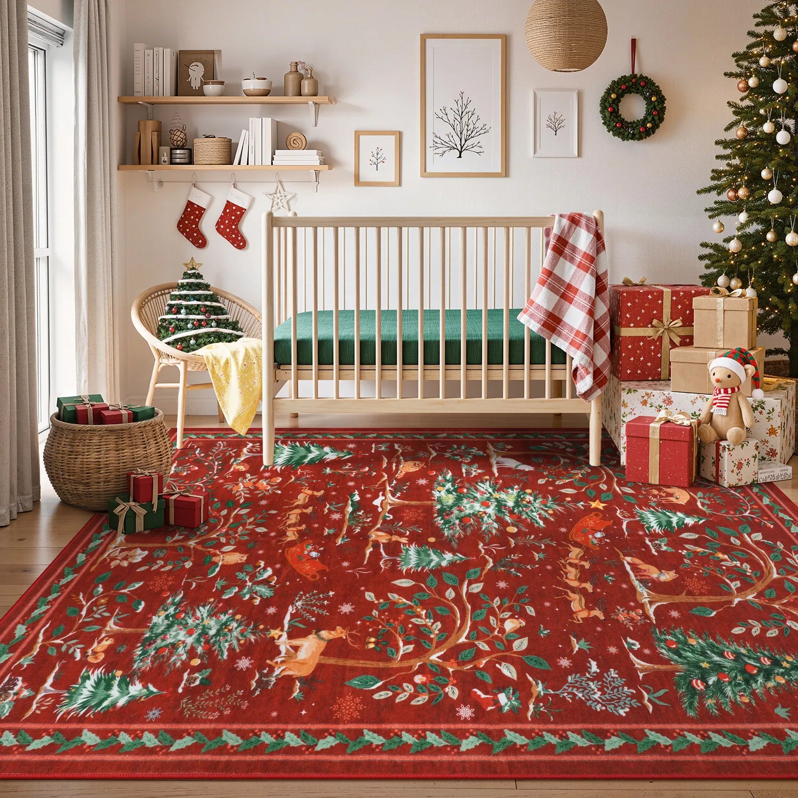 Lumiere Christmas Washable Classic Deer Woodland Red Rug Area Rugs Lahome