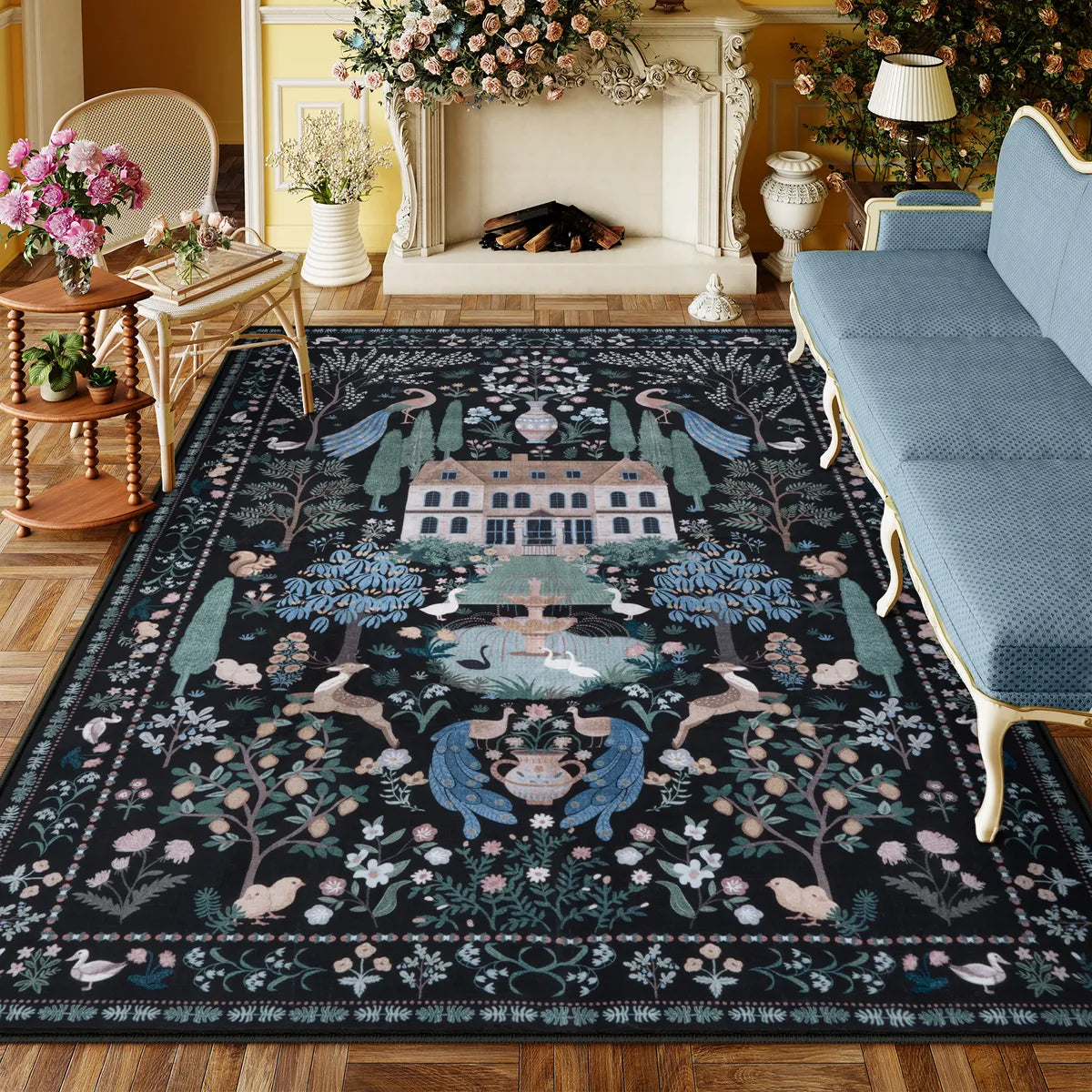 Maison Washable French Manor Floral Black Area Rug Area Rugs Lahome