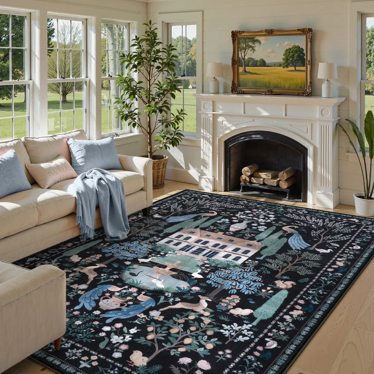 Maison Washable French Manor Floral Black Area Rug Area Rugs Lahome 8' x 10'