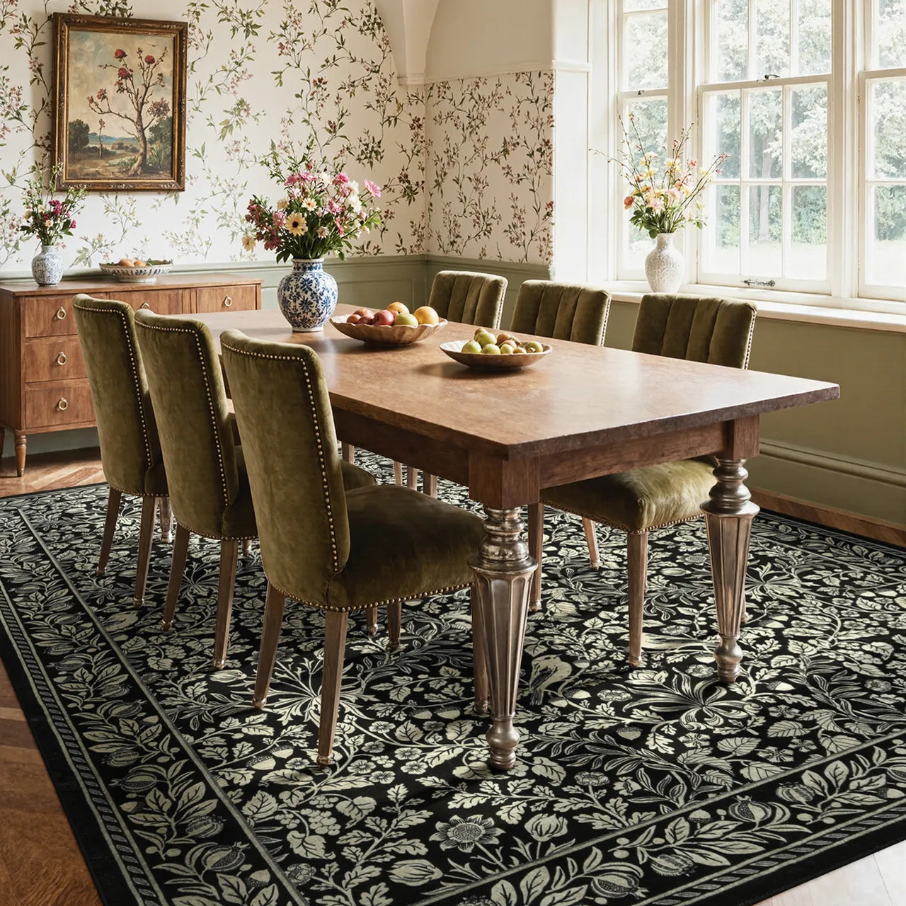 Mirage Washable Maximalism Vintage Blossom Black Rug Area Rugs Lahome