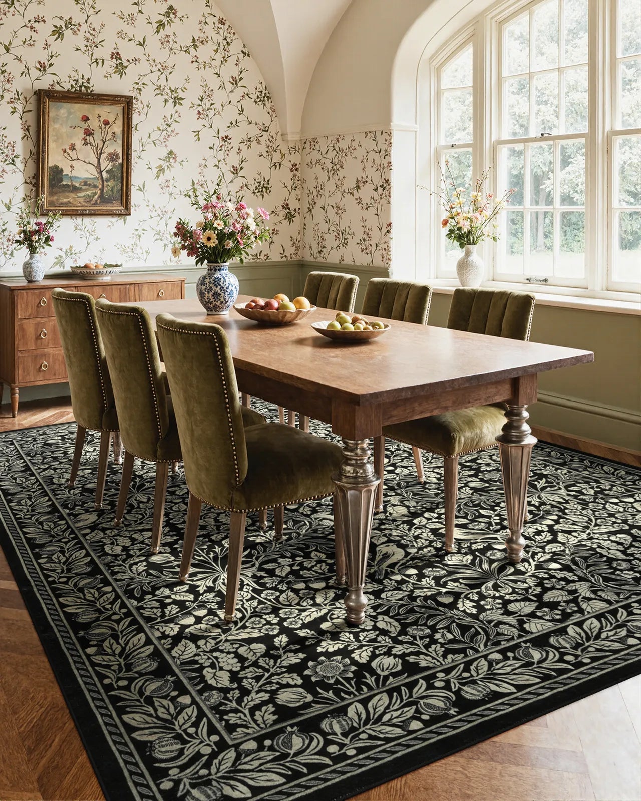 Mirage Washable Maximalism Vintage Blossom Black Rug Area Rugs Lahome