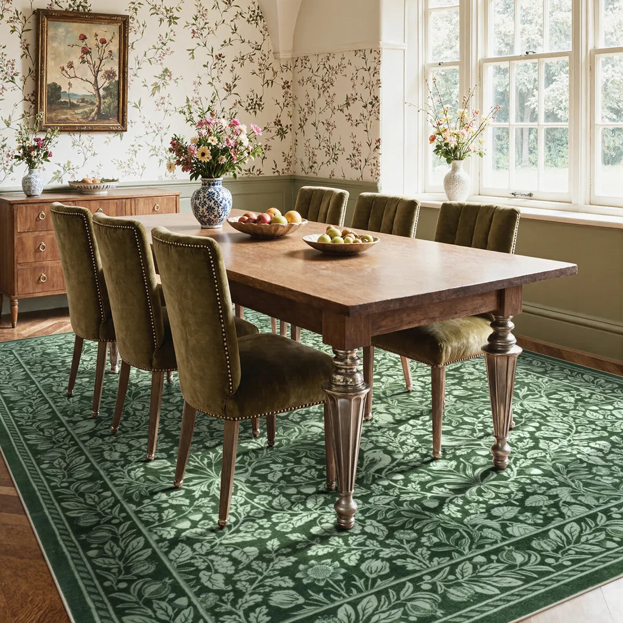 Mirage Washable Maximalism Vintage Blossom Green Rug Area Rugs Lahome