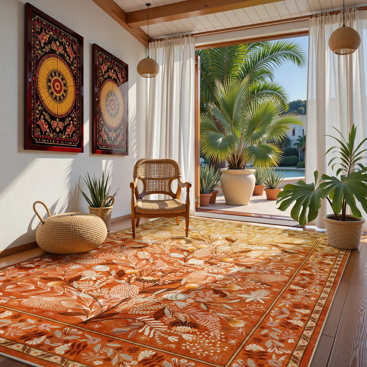 Alma Washable Modern Natural Botanical Floral Yellow Rug Area Rugs Lahome