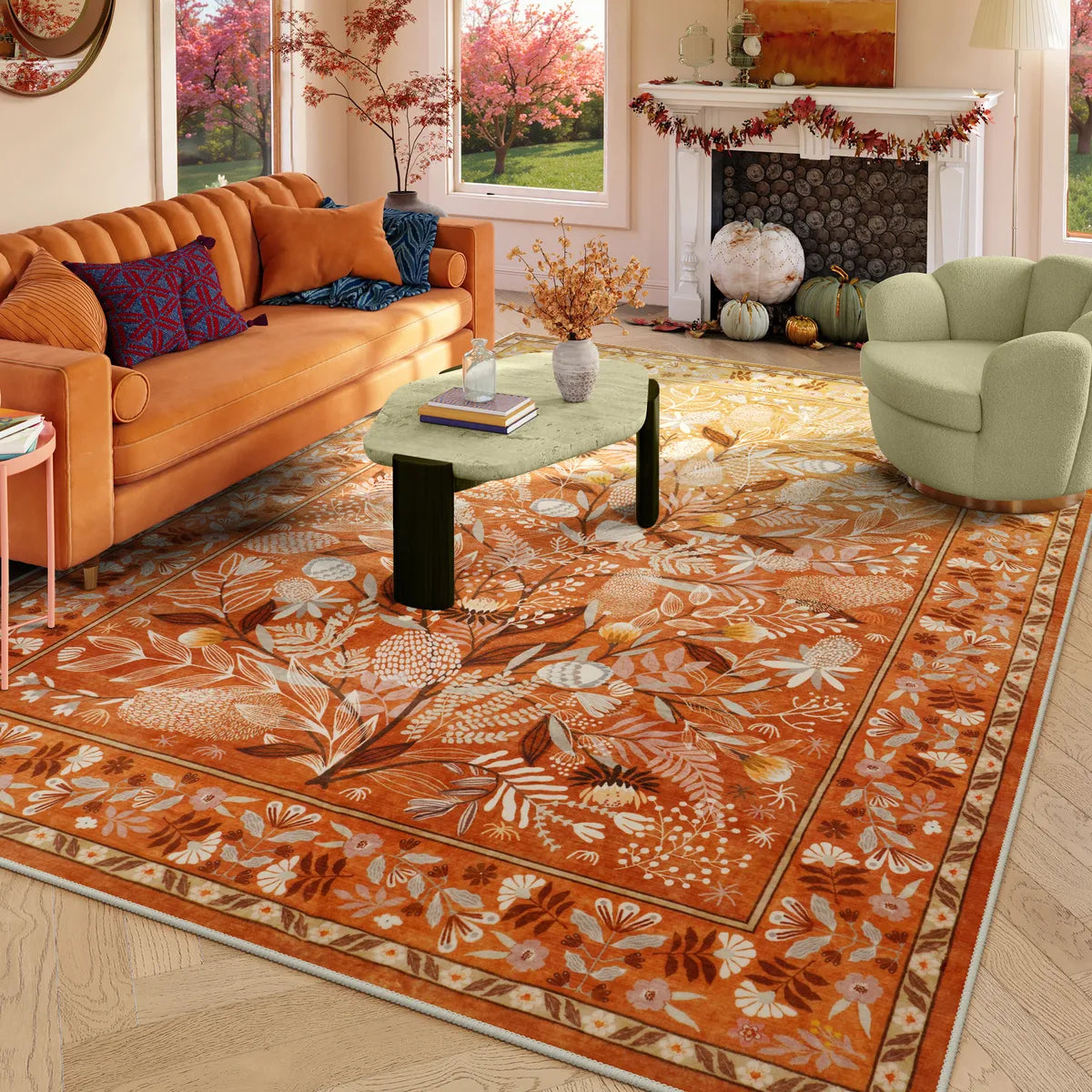 Alma Washable Modern Natural Botanical Floral Yellow Rug Area Rugs Lahome 8' x 10'