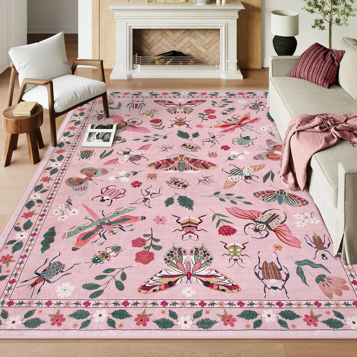 Vionnet Washable Modern Parisian Insect Pink Rug Area Rugs Lahome