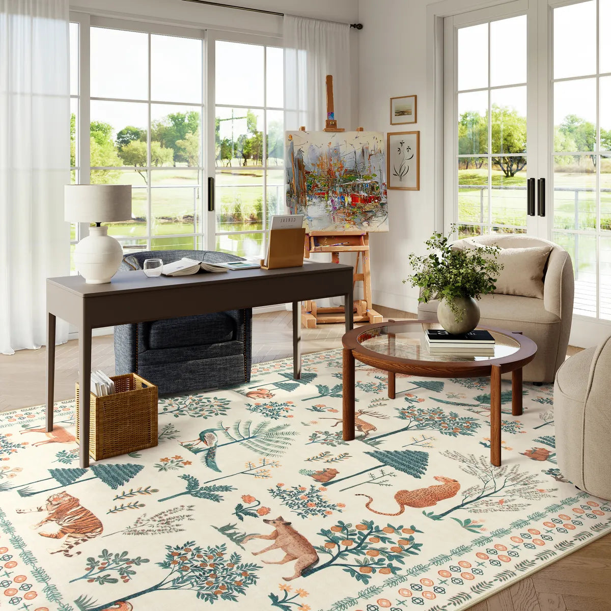 Cora Washable Modern Vibrant Jungle Animals Beige Rug Area Rugs Lahome