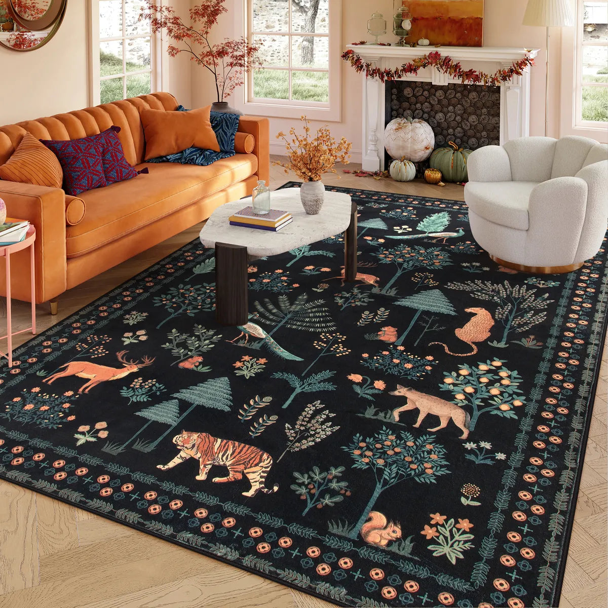 Cora Washable Modern Vibrant Jungle Animals Black Rug Clearance Rugs Lahome 8' x 10'
