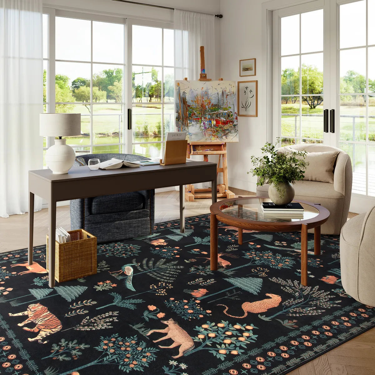 Cora Washable Modern Vibrant Jungle Animals Black Rug Clearance Rugs Lahome