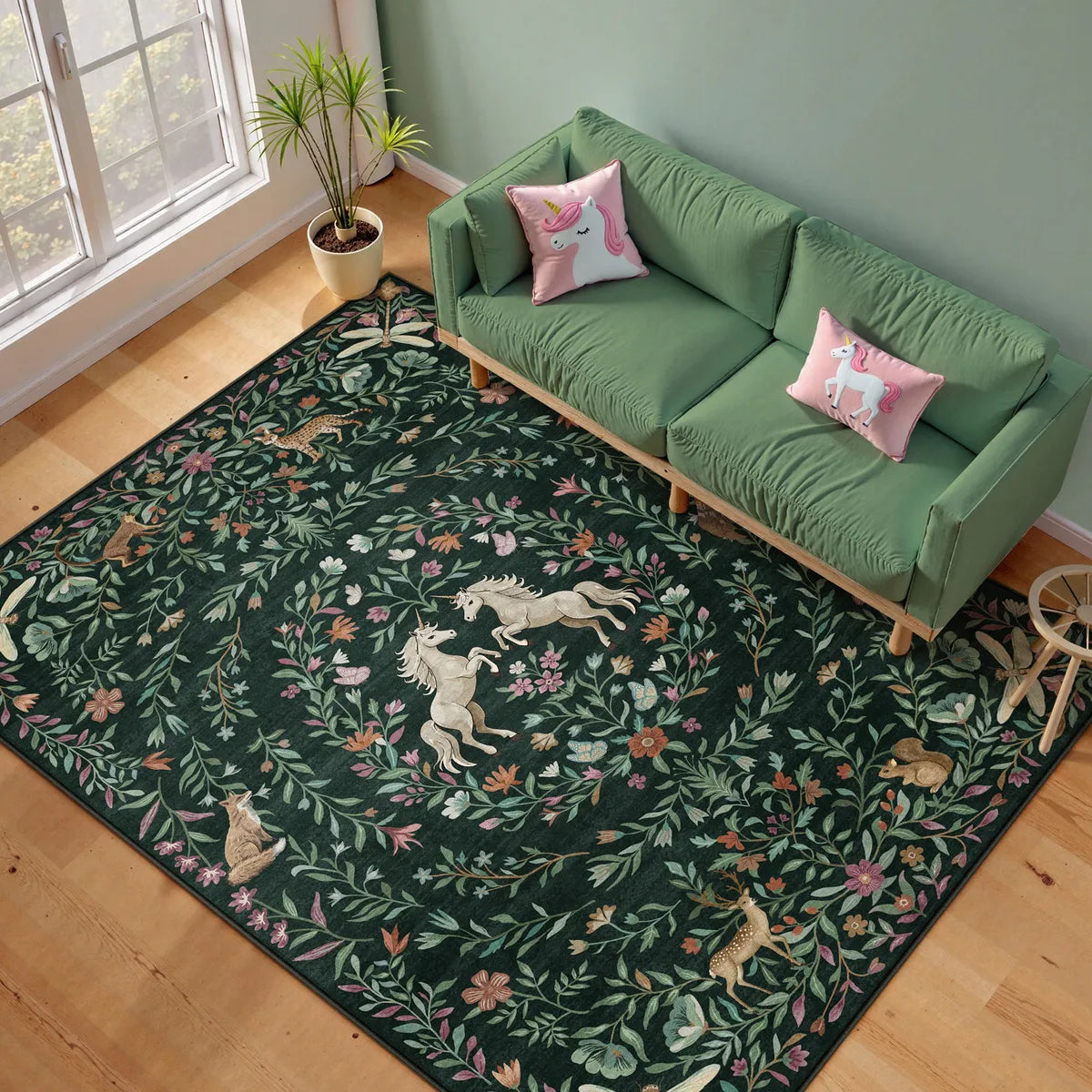 Myrrha Washable Fantasy Garden and Unicorn Dark Green Rug Area Rugs Lahome 5' x 7'