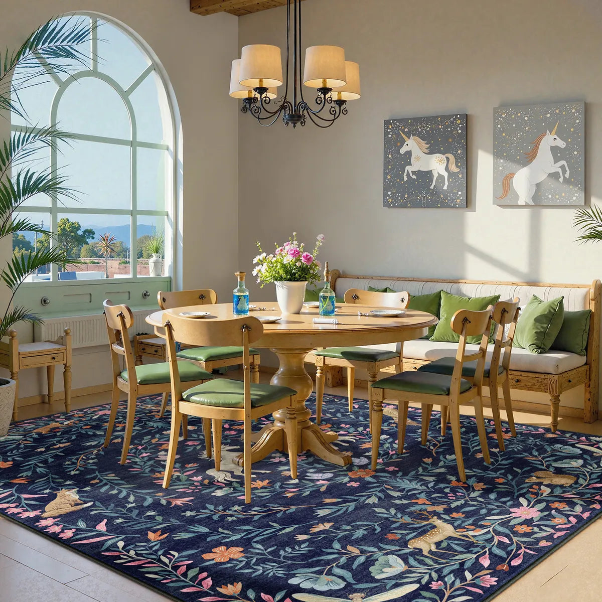 Myrrha Washable Fantasy Garden and Unicorn Navy Blue Rug Area Rugs Lahome