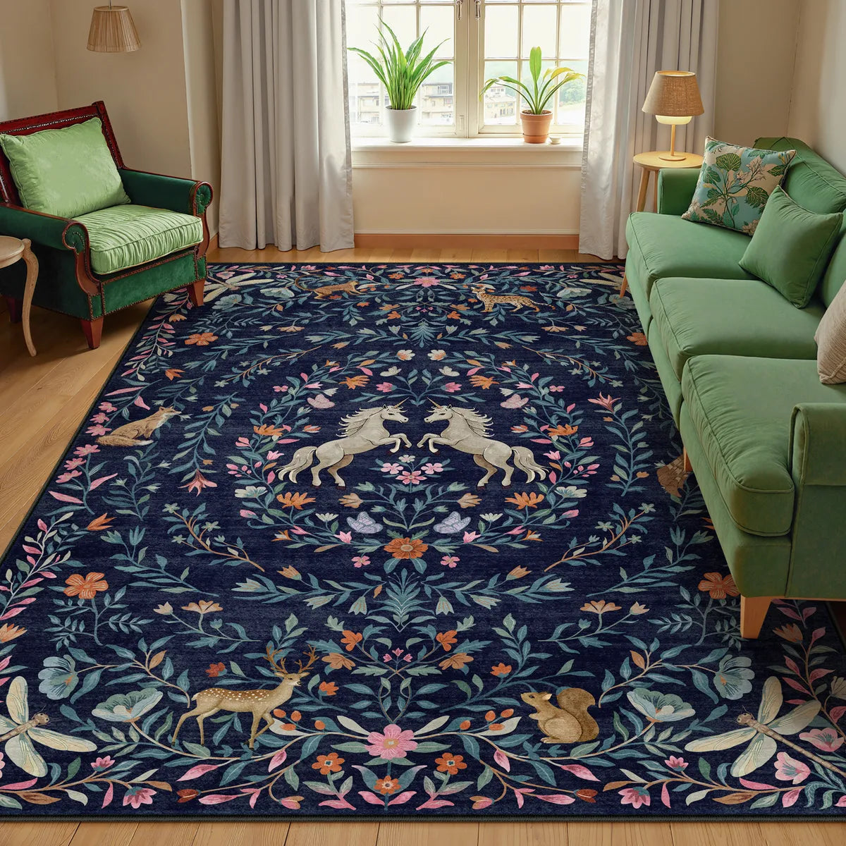 Myrrha Washable Fantasy Garden and Unicorn Navy Blue Rug Area Rugs Lahome 5' x 7'