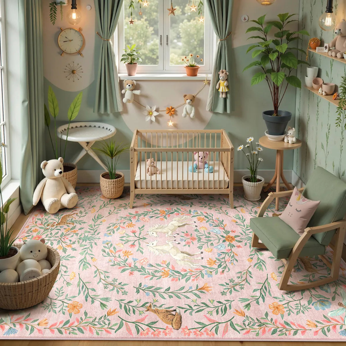 Myrrha Washable Fantasy Garden and Unicorn Pink Rug Area Rugs Lahome 5' x 7'