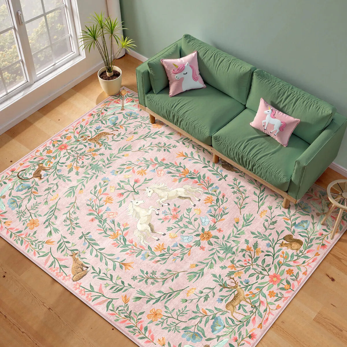 Myrrha Washable Fantasy Garden and Unicorn Pink Rug Area Rugs Lahome