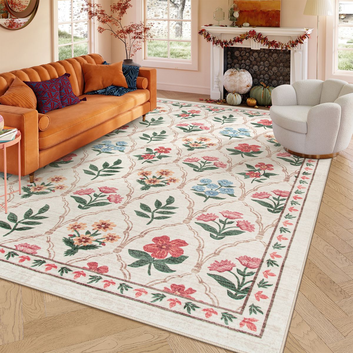 Naya Washable Moroccan Floral Beige/Pink Rug Clearance Rugs Lahome 8' x 10'