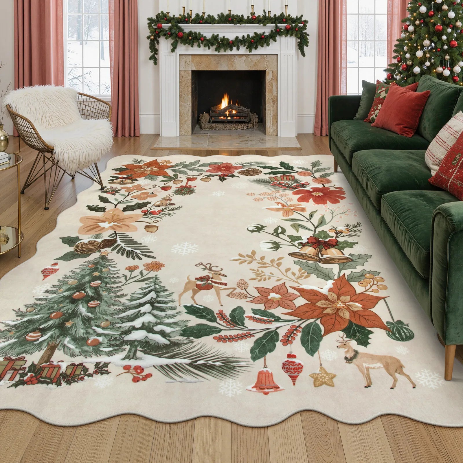 Nicolas Christmas Washable Floral Bell Beige Rug Area Rugs Lahome 8' x 10'