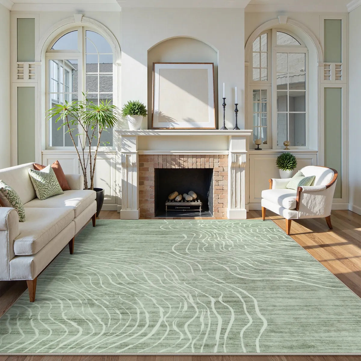 Lahome Washable Abstract Terrain Green Area Rug for living room.