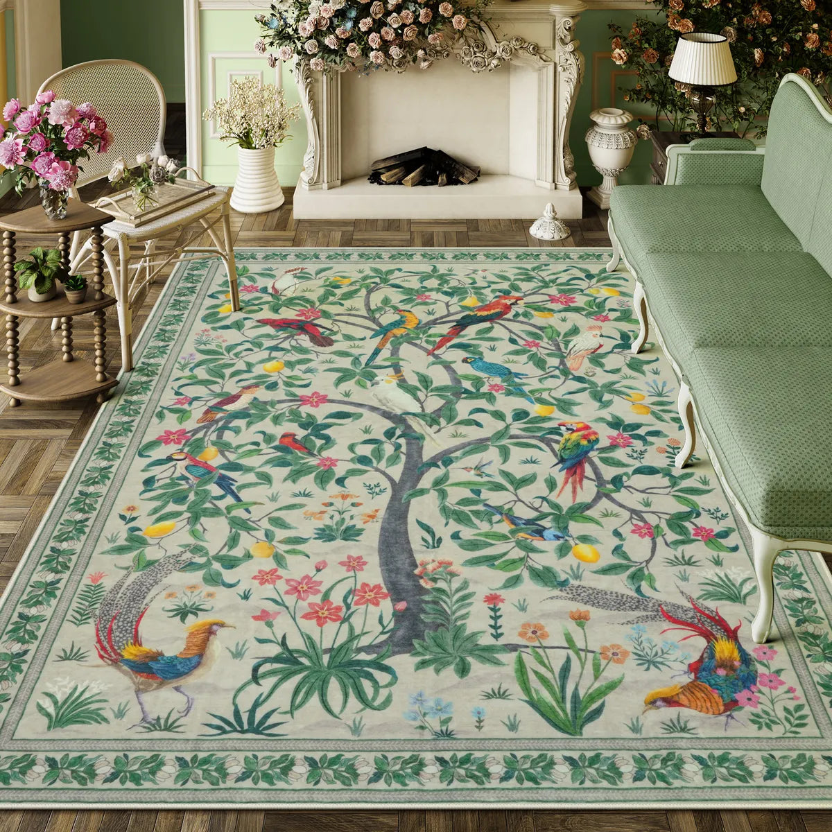 Ornelle Washable Maximalist Jungle Bird Beige/Green Rug Area Rugs Lahome 8' x 10'