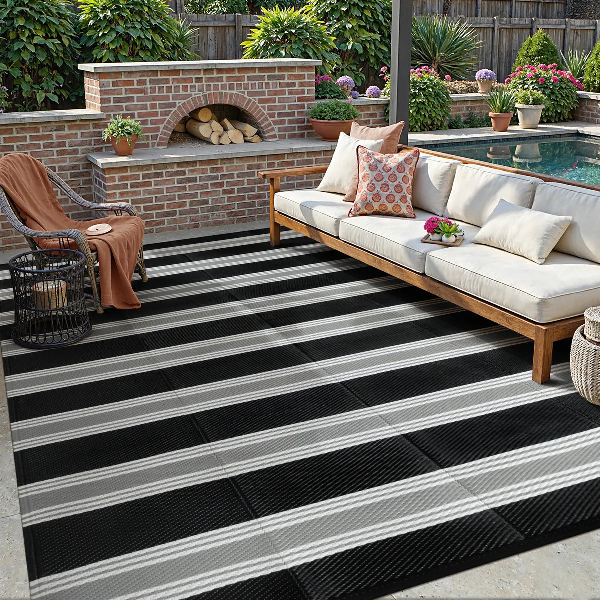 Rayure Modern Striped Black/Gray Outdoor Rug Outdoor Rugs Lahome 8' x 10'