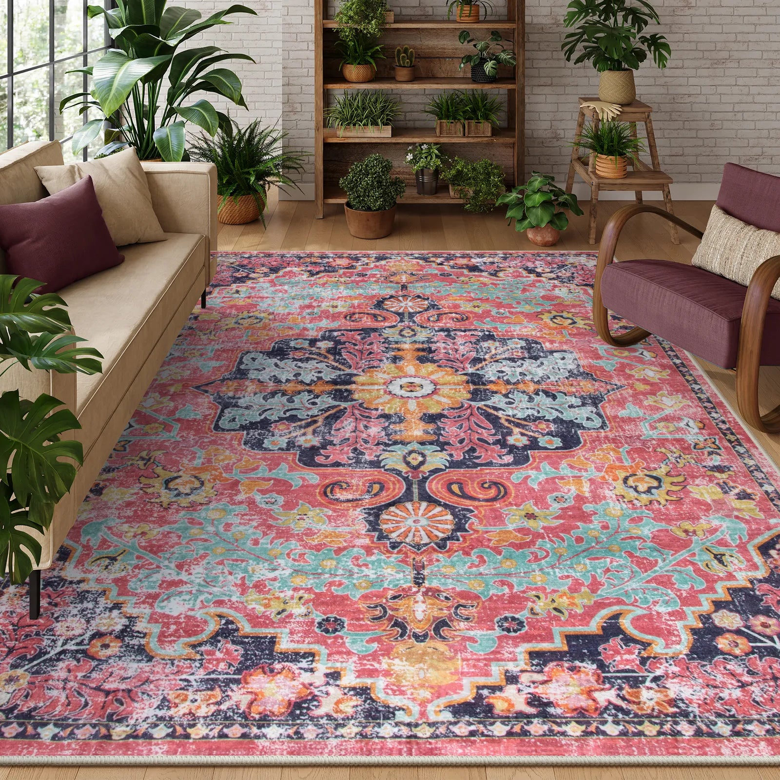Reine Washable Bohemian Floral Medallion Red Rug Clearance Rugs Lahome 8' x 10'