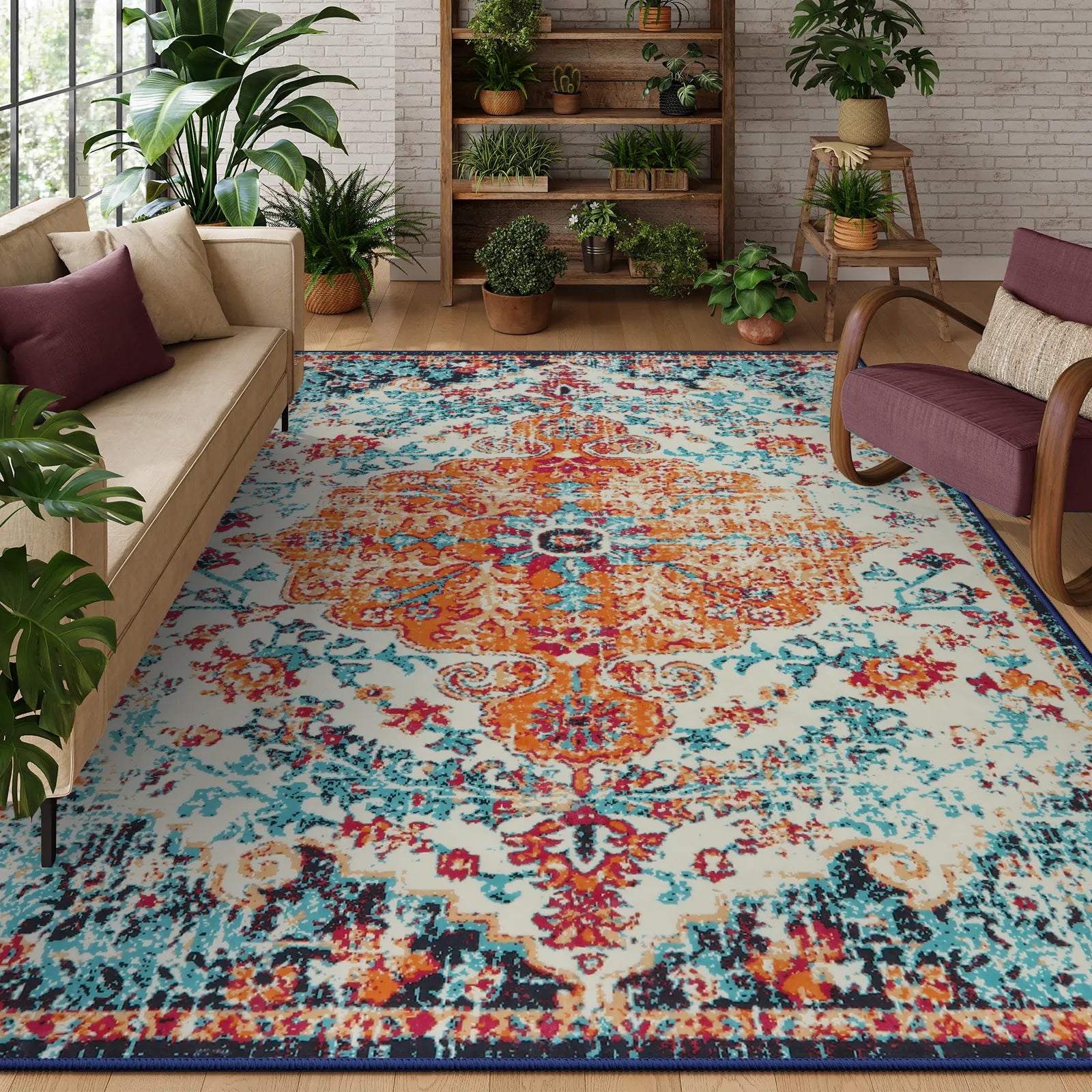 Reine Washable Bohemian Floral Medallion Orange Rug Clearance Rugs Lahome 8' x 10'