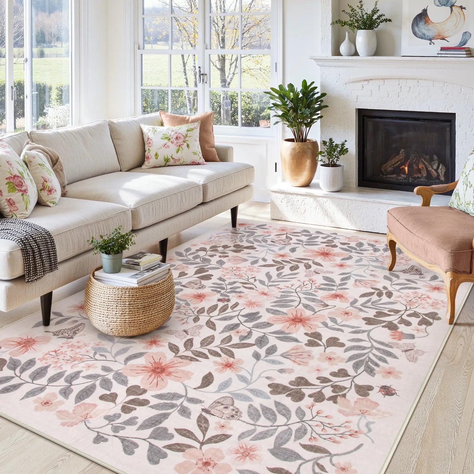 Reverie Washable Vintage Botanical Floral Beige Rug Area Rugs Lahome