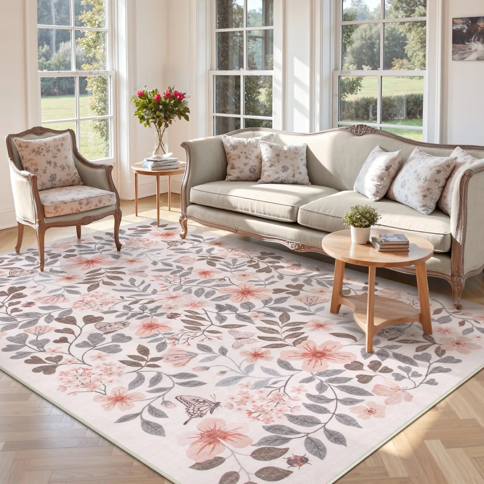 Reverie Washable Vintage Botanical Floral Beige Rug Area Rugs Lahome 8' x 10'