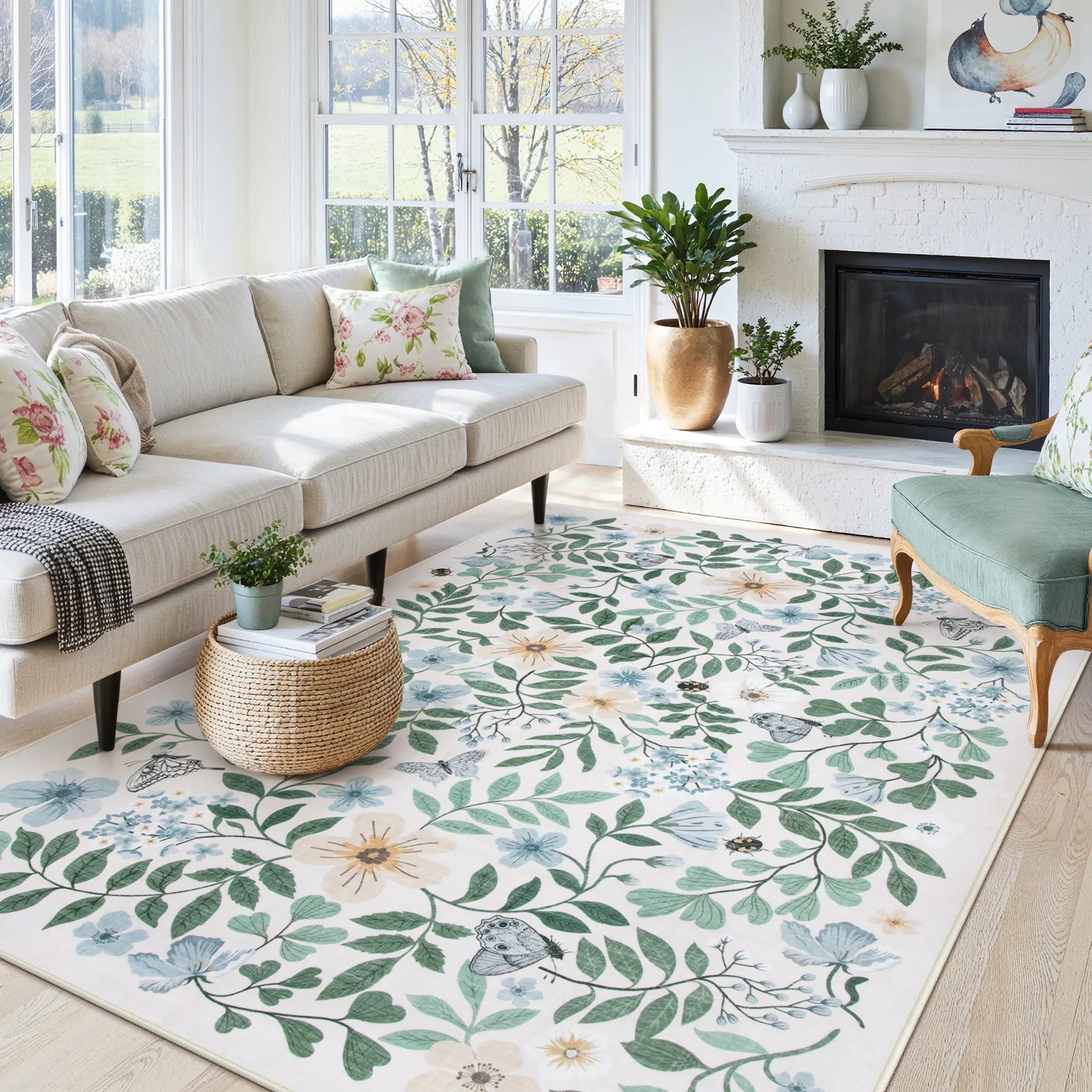 Reverie Washable Vintage Botanical Floral Teal Rug Area Rugs Lahome