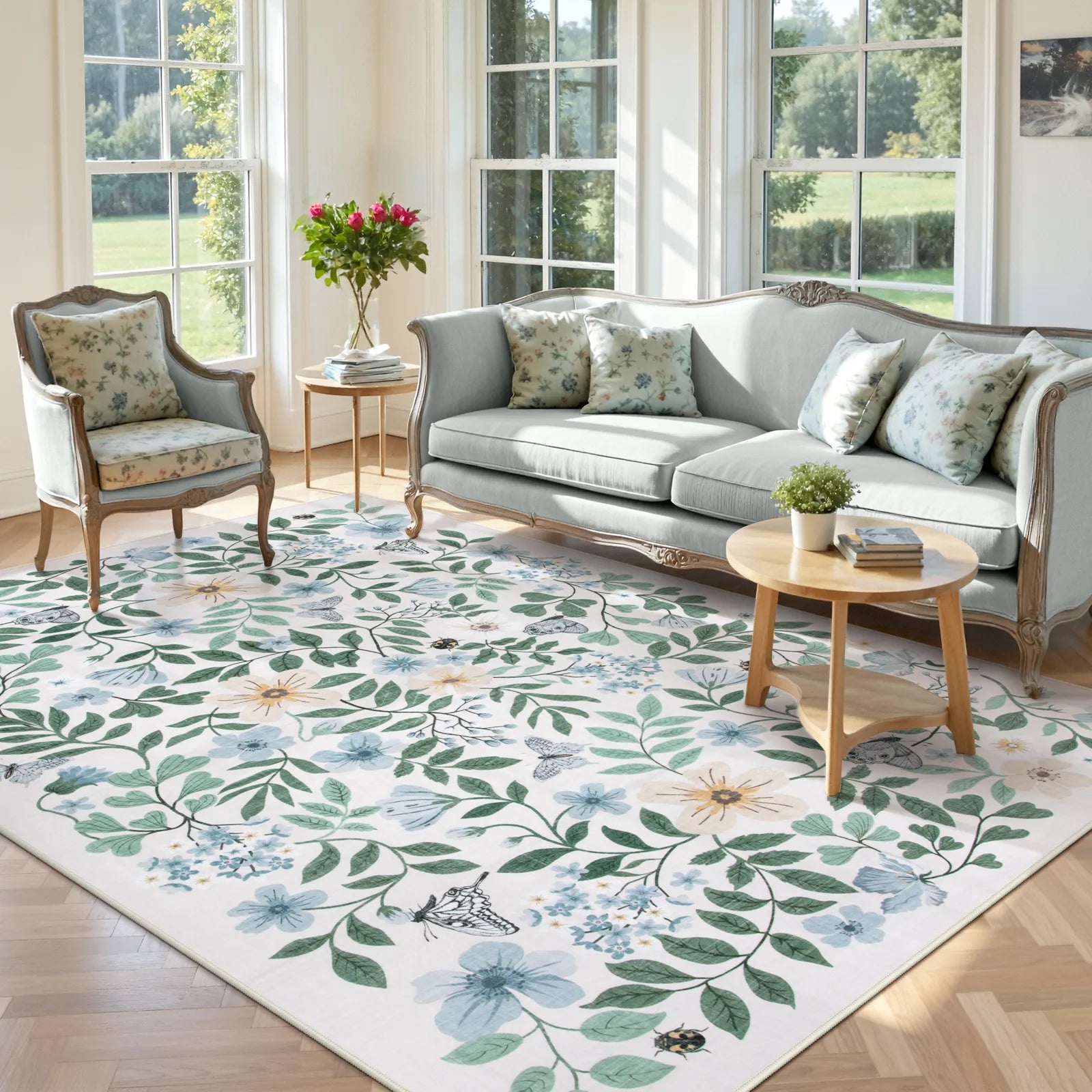 Reverie Washable Vintage Botanical Floral Teal Rug Area Rugs Lahome 5' x 7'