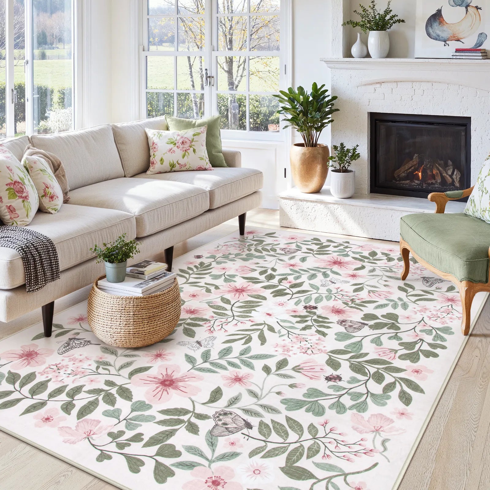 Reverie Washable Vintage Botanical Floral Pink Rug Area Rugs Lahome