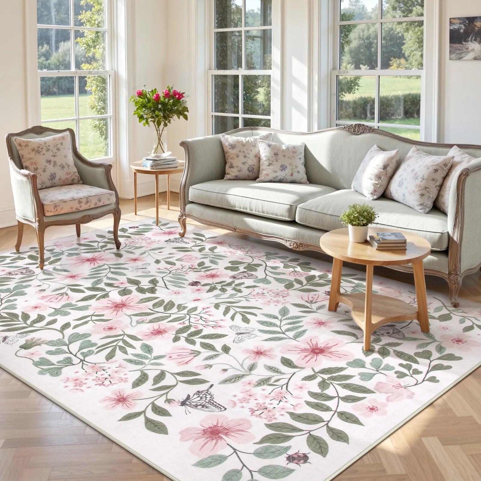 Reverie Washable Vintage Botanical Floral Pink Rug Area Rugs Lahome 5' x 7'
