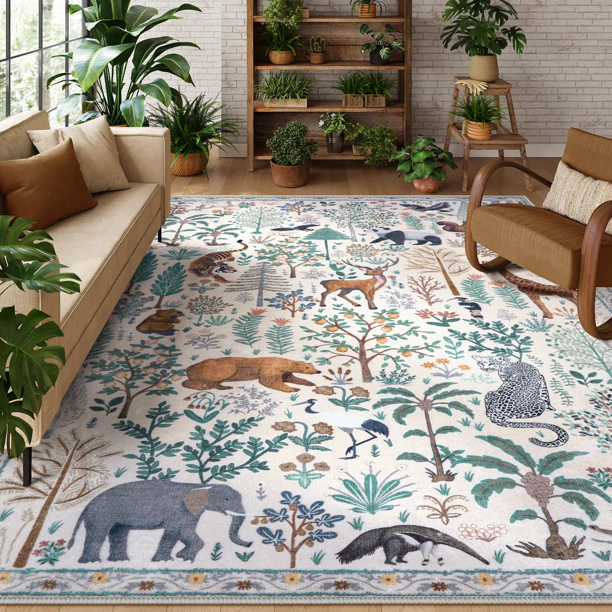 Roam Washable Jungle Animals Beige Rug Rugs Lahome 5' x 7'