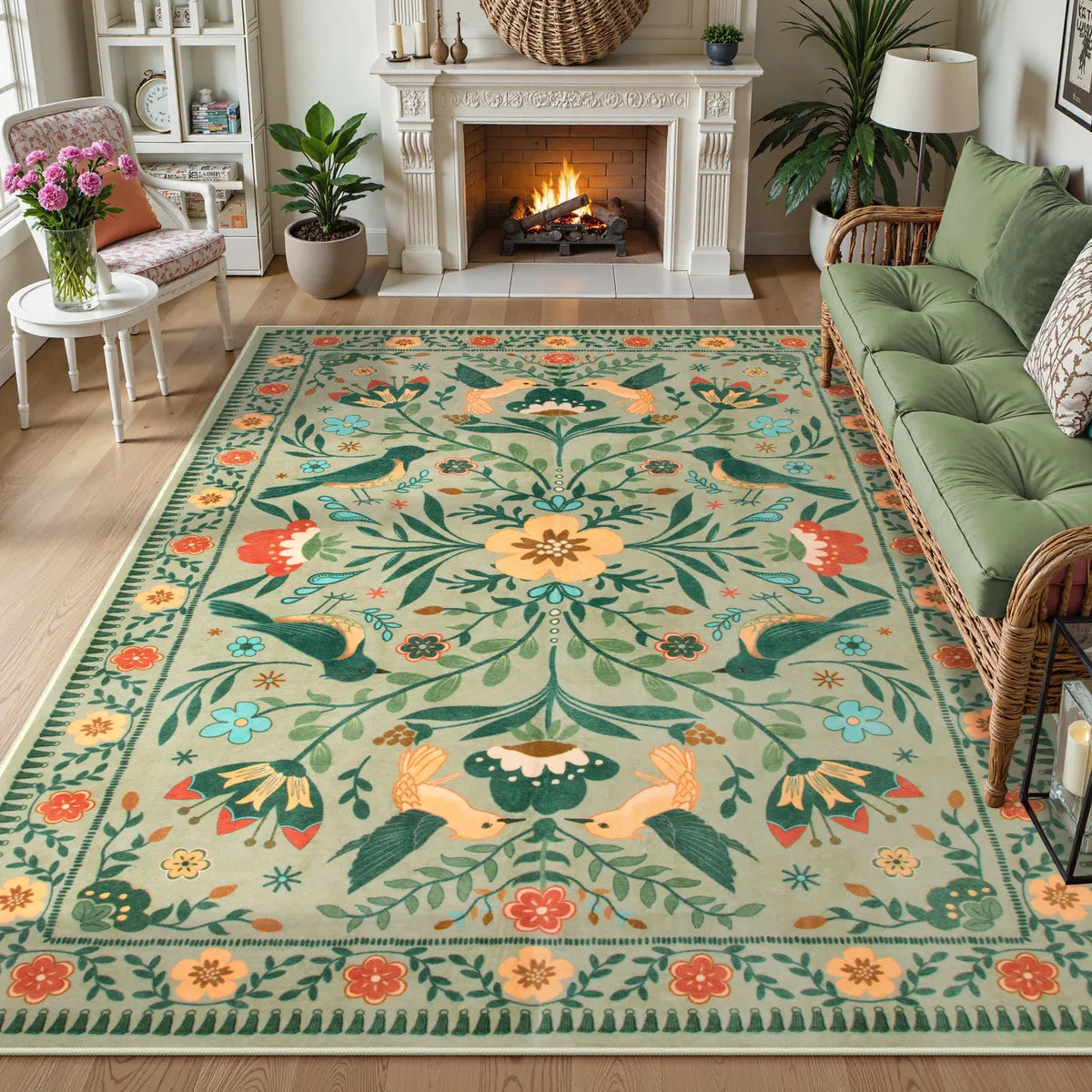 Rosalie Washable Boho Birdsong Floral Garden Light Green Rug Area Rugs Lahome 8' x 10'