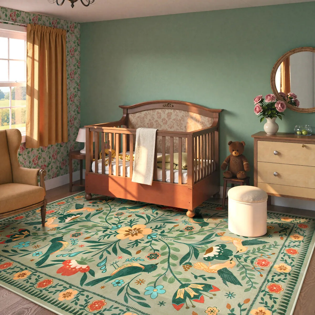 Rosalie Washable Boho Birdsong Floral Garden Light Green Rug Area Rugs Lahome