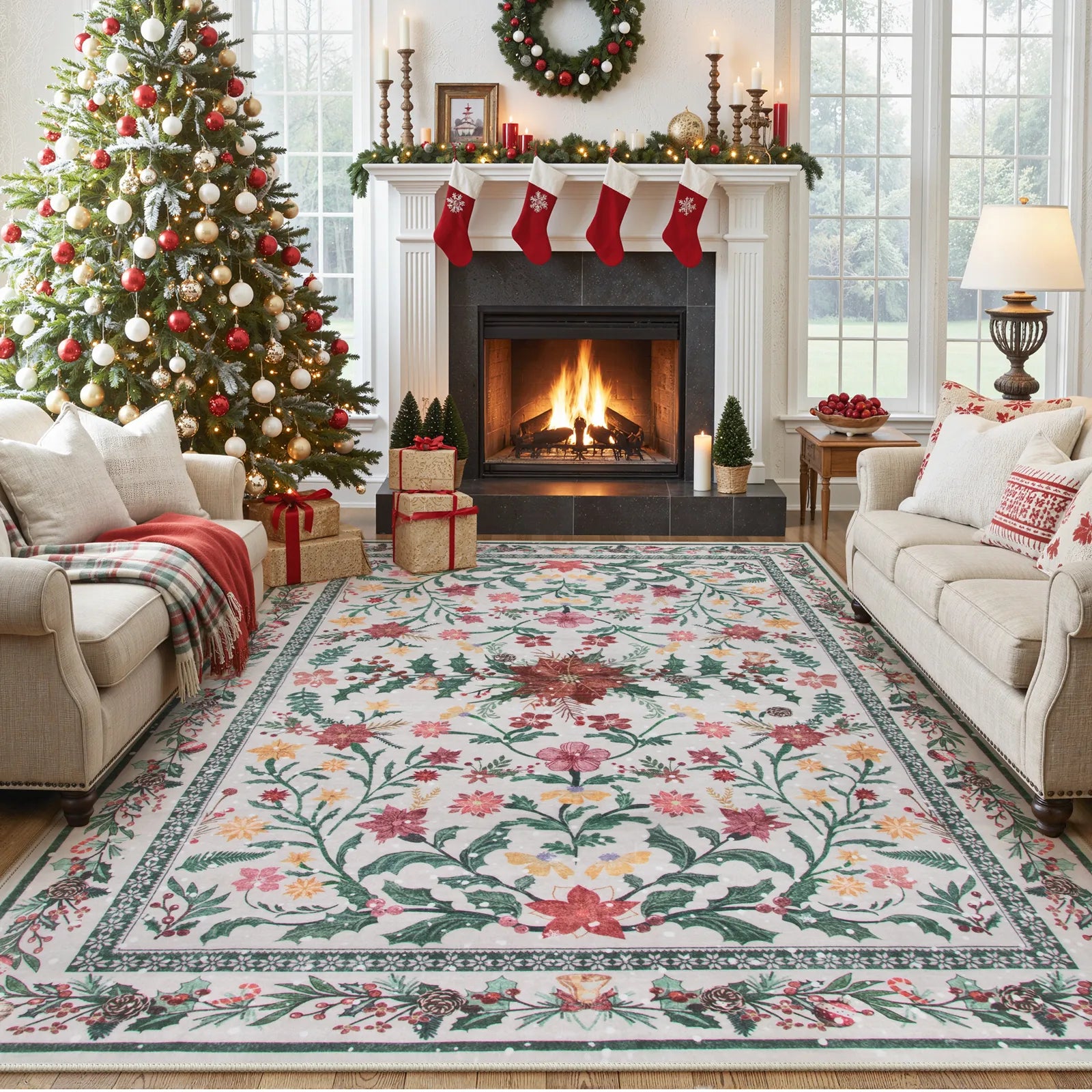 Ivan Christmas Washable Boho Modern Parisian Garden Floral Ivory Rug Area Rugs Lahome 8' x 10'