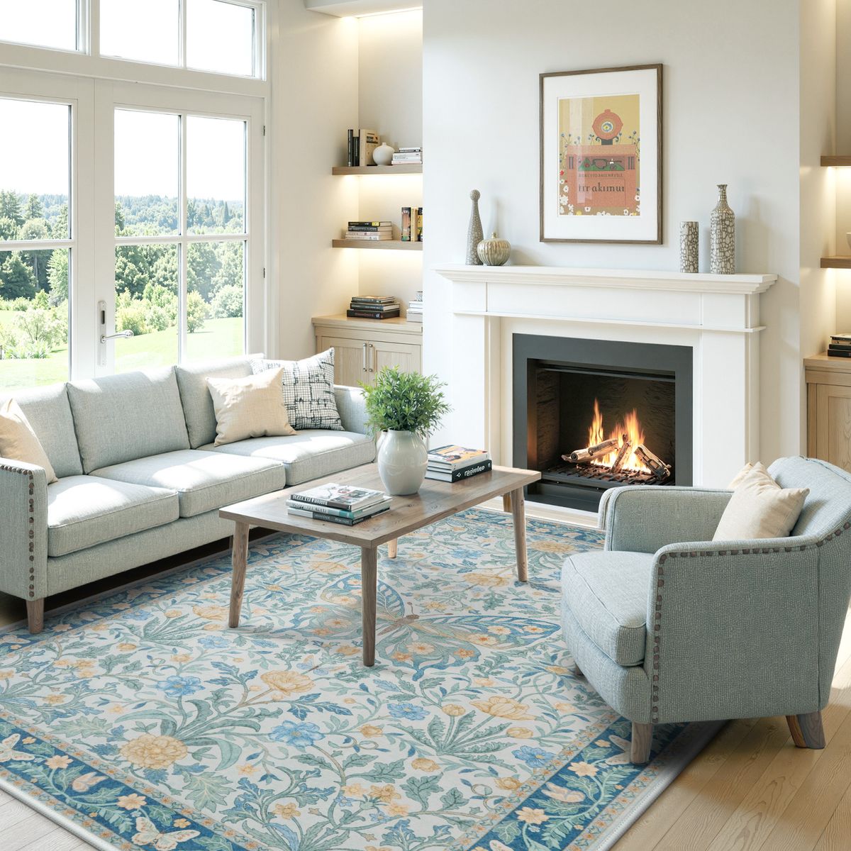 Verena Washable Vintage Floral Butterfly Blue Rug Clearance Rugs Lahome