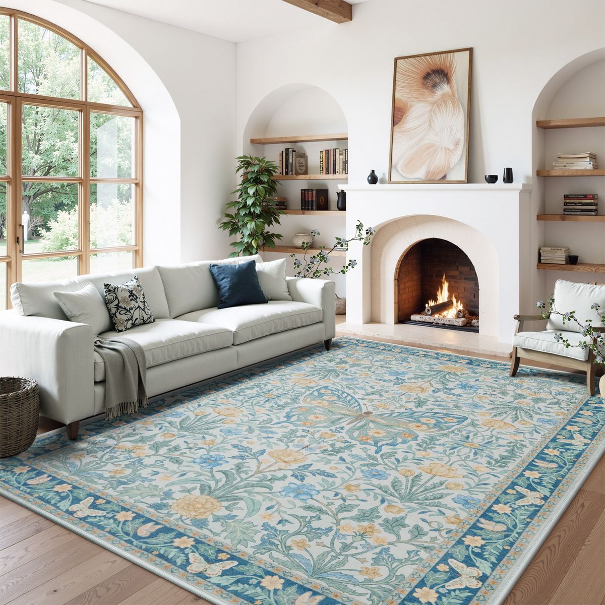 Verena Washable Vintage Floral Butterfly Blue Rug Clearance Rugs Lahome