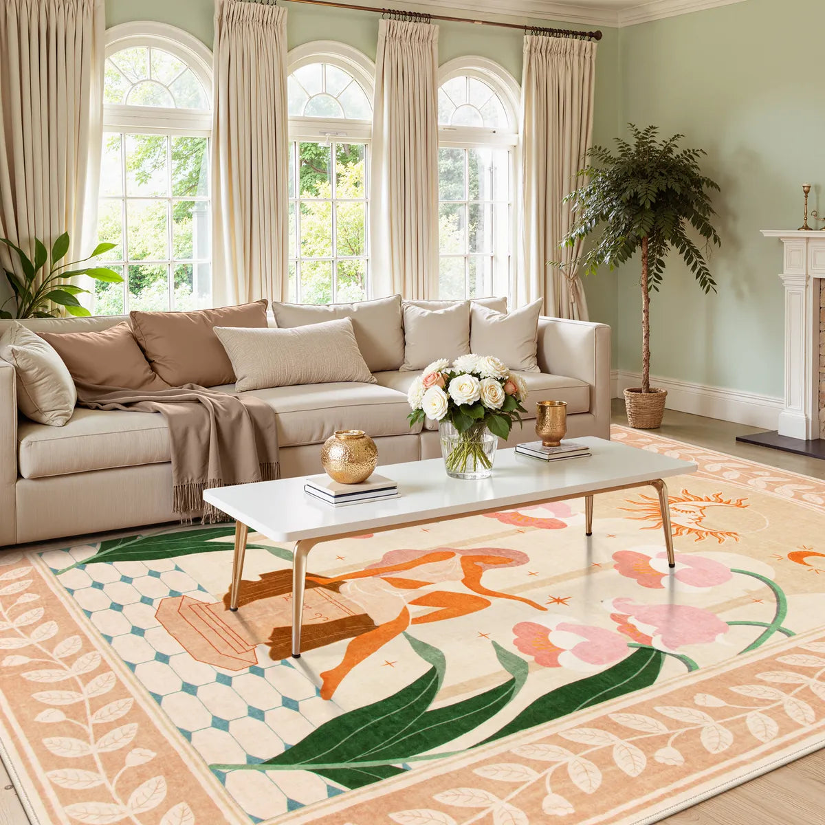 Vesper Washable Boho Mystical Goddess Orange Area Rug Rugs Lahome