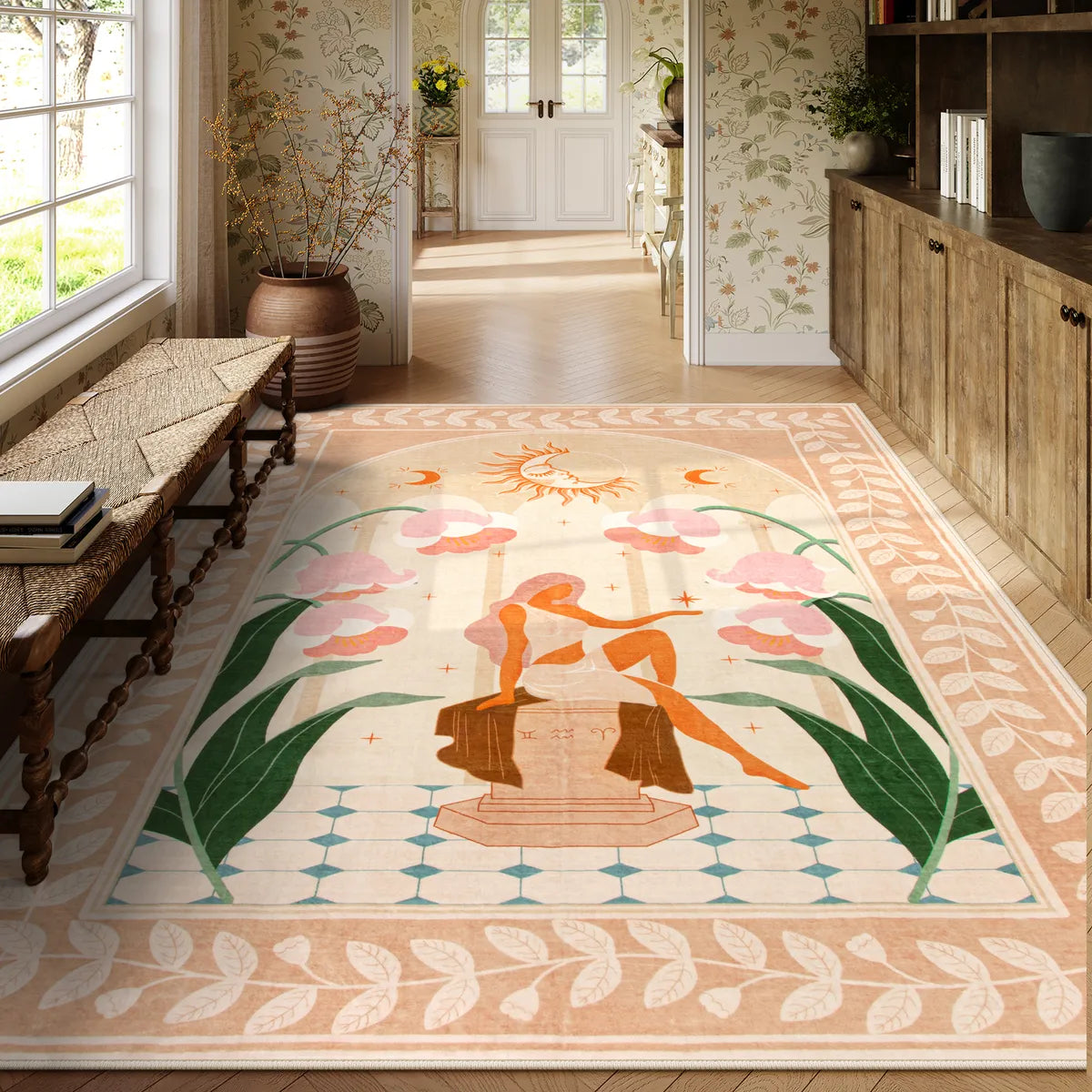 Vesper Washable Boho Mystical Goddess Orange Area Rug Rugs Lahome 8' x 10'