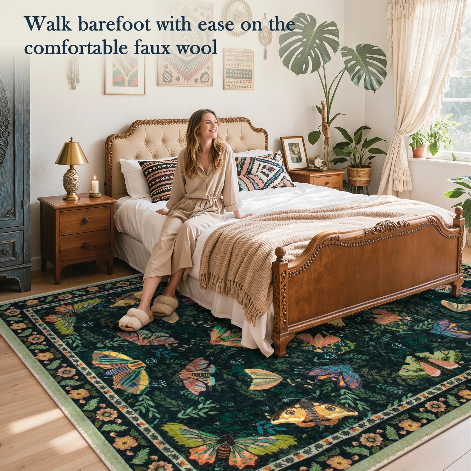 Villette Washable Vintage Botanical Insect Green Rug Area Rugs Lahome