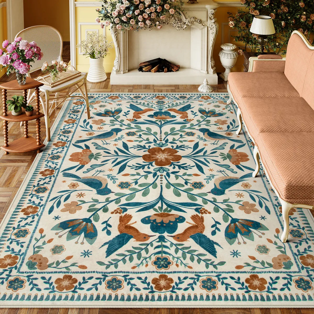 Rosalie Washable Boho Birdsong Floral Garden Beige Rug Clearance Rugs Lahome