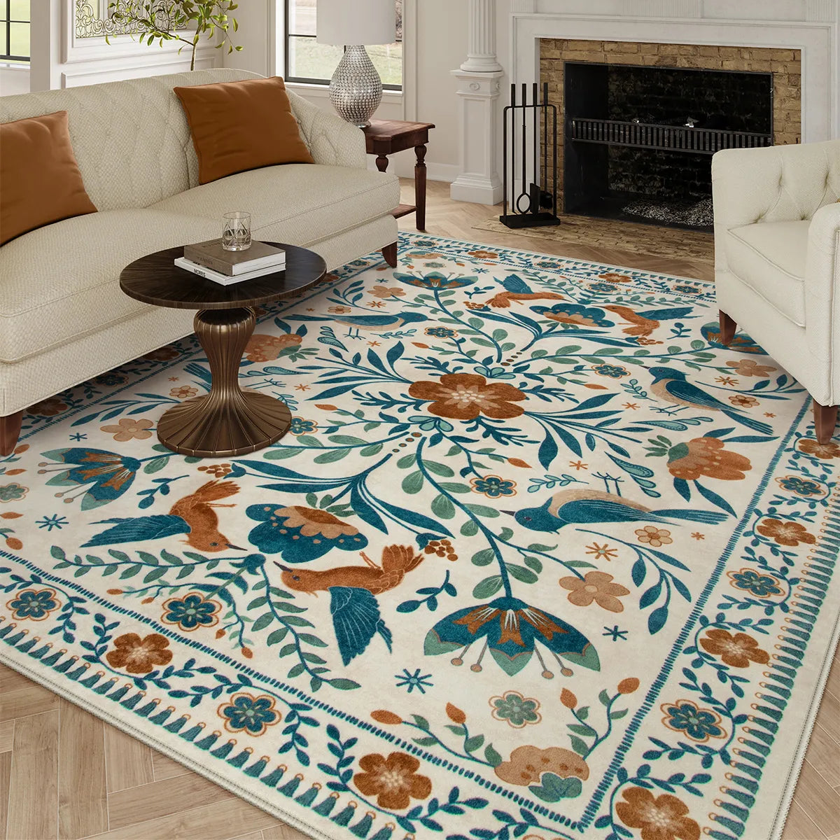 Rosalie Washable Boho Birdsong Floral Garden Beige Rug Clearance Rugs Lahome 8' x 10'
