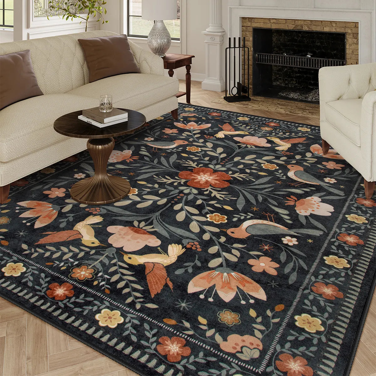 Rosalie Washable Boho Birdsong Floral Garden Black Rug Clearance Rugs Lahome 8' x 10'