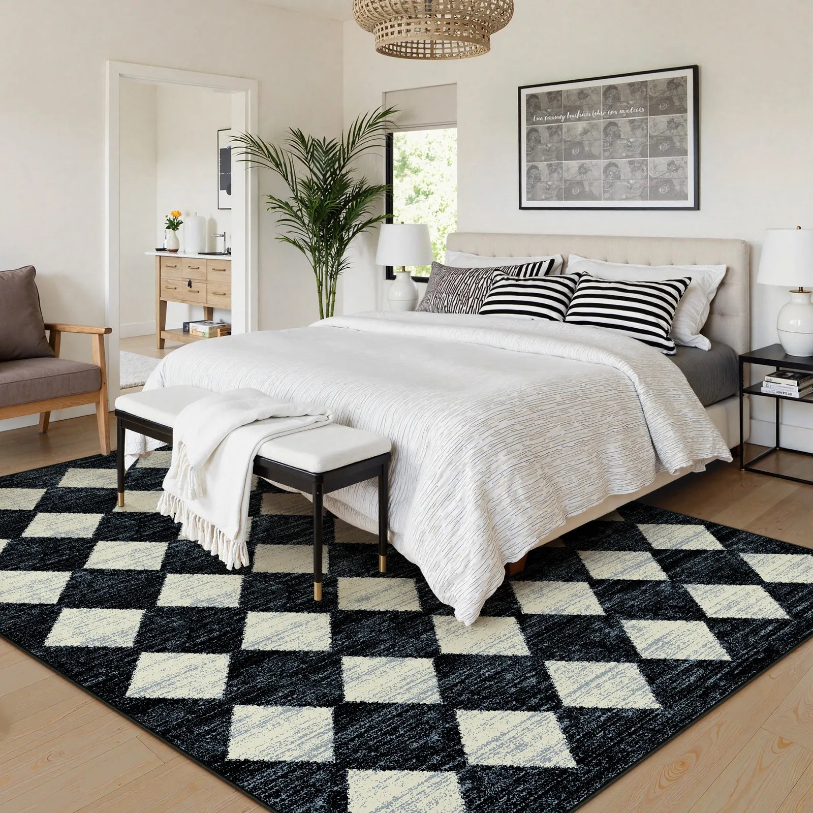 Zelie Washable Modern Geometric Diamond Checkered Black Runner Rug Clearance Rugs Lahome