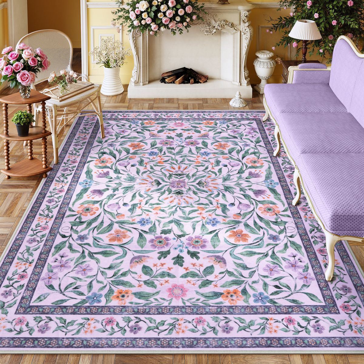 Mavis Washable Modern Parisian Garden Floral Purple Rug Area Rugs Lahome