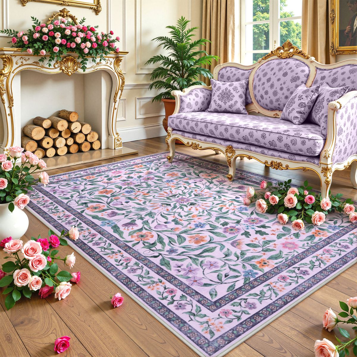 Mavis Washable Modern Parisian Garden Floral Purple Rug Area Rugs Lahome